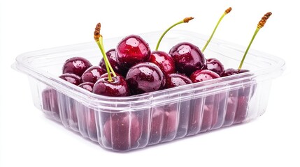 Poster - A clear plastic container filled with fresh cherries, showcasing their vibrant color and freshness.