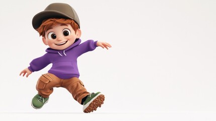 Poster - A cheerful animated boy in a purple hoodie and cap, playfully walking.