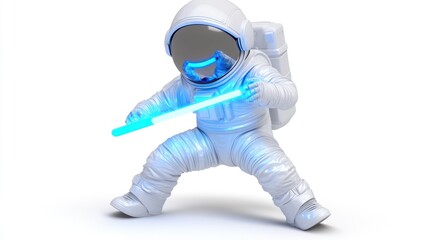 Leinwandbilder - A playful astronaut figure wielding a glowing blue lightsaber in a dynamic pose.
