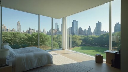 Fototapete - Modern bedroom with large windows showcasing a city park view.