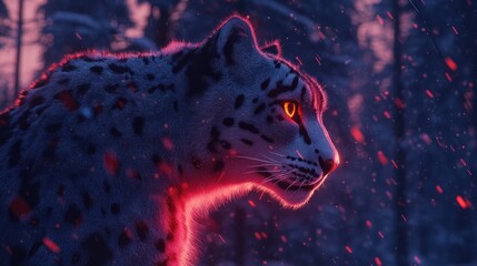 Poster - A majestic snow leopard illuminated by a mystical glow in a snowy forest setting.