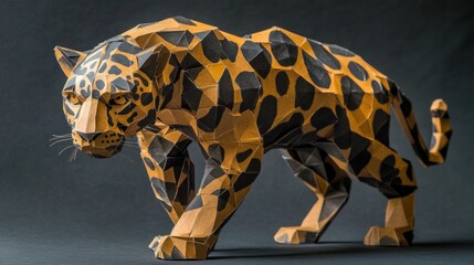 Poster - A detailed origami sculpture of a jaguar, showcasing intricate patterns and textures.