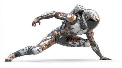Leinwandbilder - A futuristic humanoid figure in a dynamic pose, wearing a high-tech suit and helmet.