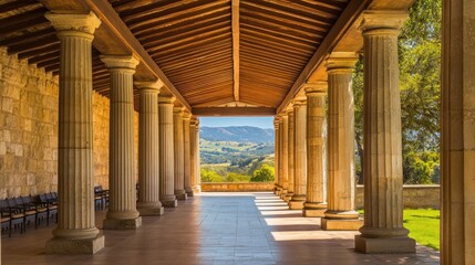 Poster - A serene colonnade with a view of rolling hills and greenery.