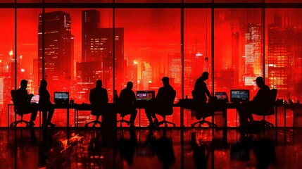 Fototapete - A silhouetted meeting in a high-tech environment with a red cityscape backdrop.