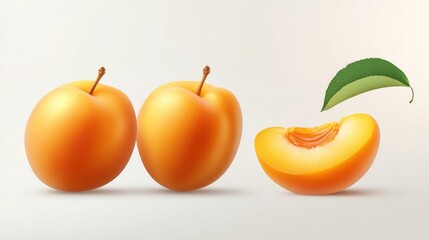 Poster - Two whole apricots and a sliced apricot with a leaf on a light background.