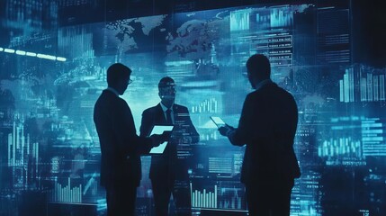 Aufkleber - Business professionals discussing data in front of a digital interface with graphs and maps.
