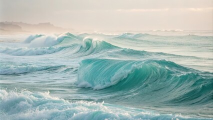 Wall Mural - powerful ocean waves are forming and crashing on the shore, creating white foam and displaying beaut