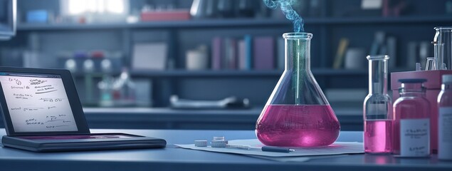 Aufkleber - A laboratory scene featuring a pink solution in a flask, with various glassware and a laptop.