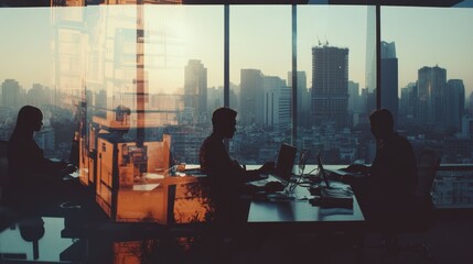 Fototapete - Silhouettes of professionals working in an office with a city skyline at sunset.