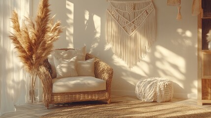 Poster - Cozy interior featuring a rattan chair, decorative wall hanging, and natural textures.