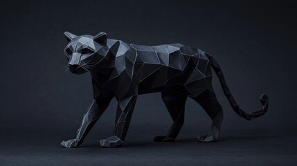 Fototapete - A geometric black paper sculpture of a walking panther against a dark background.