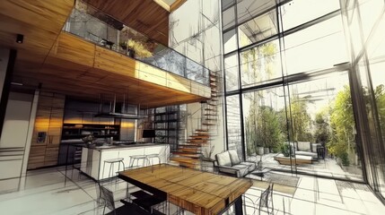 Aufkleber - Modern interior design featuring an open kitchen, dining area, and lush indoor garden.