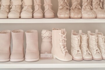 Poster - A display of various stylish footwear in soft pastel tones on shelves.
