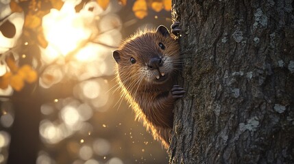 Poster - A playful animal peeks from behind a tree in a sunlit forest, showcasing nature's charm.