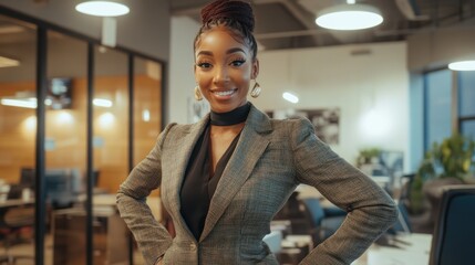 Fototapete - A confident woman in a business suit poses in a modern office setting.