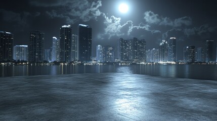 Poster - A serene night cityscape reflecting on water under a full moon.