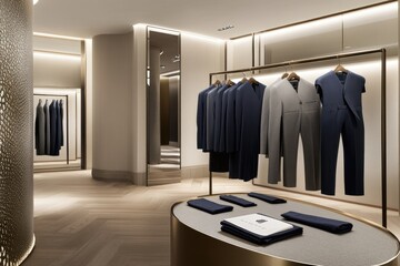 Poster - A modern clothing store interior showcasing tailored suits on display.