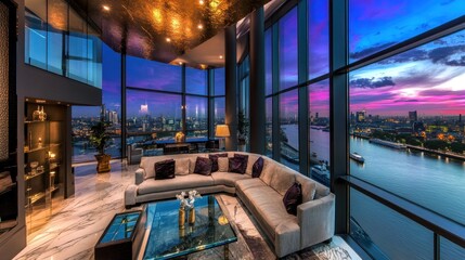 Poster - Luxurious modern living room with stunning city views at sunset.