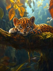 Poster - A resting jaguar on a mossy branch in a lush, vibrant jungle setting.