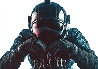 Poster - A figure in a helmet plays chess, emphasizing strategy and focus.