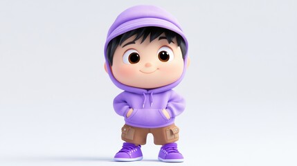 Poster - A cute animated character in a purple hoodie and shorts, standing confidently.