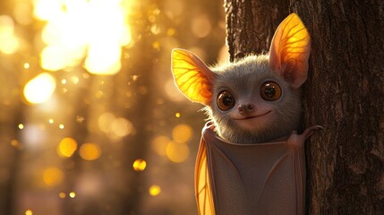 Poster - A cute, cartoonish bat with large ears and eyes, hanging from a tree in a sunlit forest.