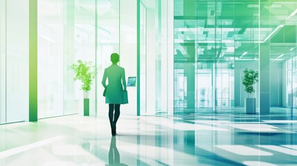 Aufkleber - A professional figure walking through a modern, glass-walled office space.