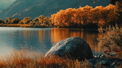 Poster - A serene lakeside scene with autumn foliage reflecting on calm waters.