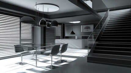 Poster - Modern interior design featuring a sleek dining area and staircase in monochrome tones.