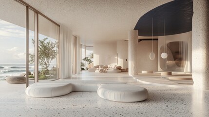 Poster - A modern, airy interior space with large windows and natural elements, overlooking the ocean.