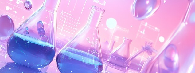 Aufkleber - Colorful laboratory glassware with vibrant liquids and scientific symbols in the background.
