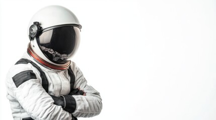 Poster - Astronaut in a spacesuit with crossed arms against a white background.
