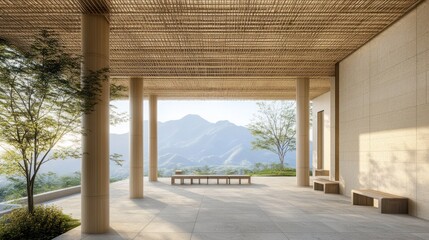 Poster - A serene architectural space with a view of mountains, promoting relaxation and contemplation.