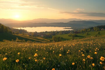 Poster - A serene landscape at sunset, showcasing a vibrant field of flowers and a tranquil lake.