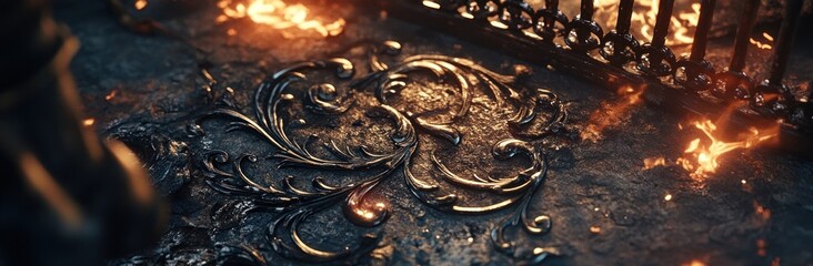 Poster - A close-up of an ornate metallic design surrounded by flames.