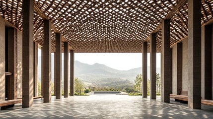 Aufkleber - A spacious architectural structure with a woven roof, overlooking mountains and greenery.