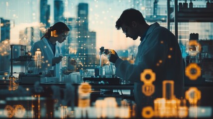 Aufkleber - Scientists working in a laboratory with digital overlays of chemical structures.