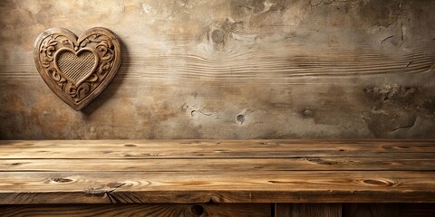 Wall Mural - Rustic Wooden Tabletop Display with Ornate Carved Heart Decoration