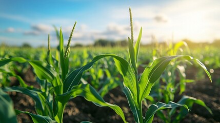 Poster - Young corn plants growing in cultivated agricultural field at sunset