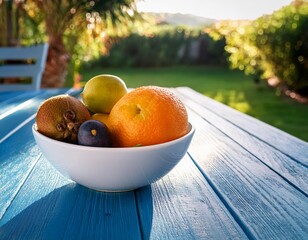 White bowl with fresh fruit on an old blue wooden table in a sunny patio. Medium shot, high-quality photo, capturing vibrant colors and natural sunlight.