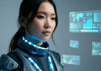 Poster - Asian woman wearing futuristic clothing and led lights analyzing data on hologram screens in a technological laboratory