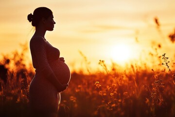 Poster - Silhouette of pregnant woman at sunset in a field of wildflowers. Generative AI