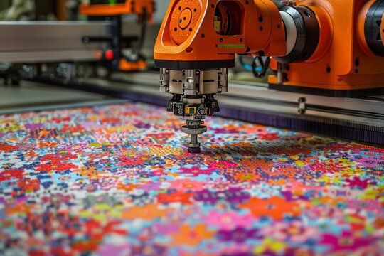 Robot crafting abstract art on a large canvas with blurred background and text space