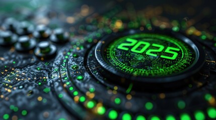 Poster - A futuristic design featuring the year 2025 in glowing green on a textured background.
