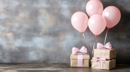 Wall Mural - Pastel gift boxes and balloons, birthday party, holidays background, New year 2025 celebration concept