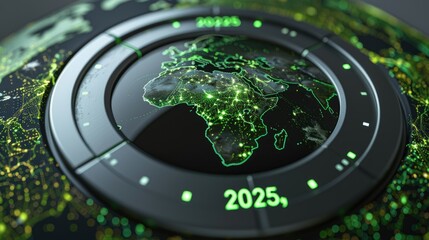 Poster - A futuristic globe displaying Africa with digital connections and the year 2025.
