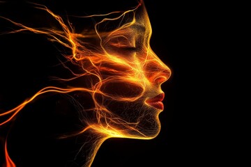 Fototapete - Digital portrait of a human face with glowing neural lines.