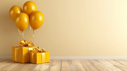 Wall Mural - Yellow gift boxes and balloons, birthday party, holidays background, New year 2025 celebration concept