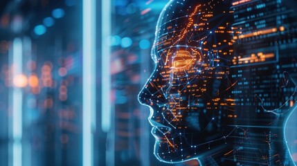 Poster - Artificial intelligence head made of digital code processing big data inside a futuristic server room, representing machine learning and deep learning concepts
